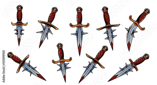 Deadly Ensemble: A collection of intricate daggers, each a work of art, glisten against the light, exuding both danger and beauty. Capturing a stark contrast of violence and craftsmanship.