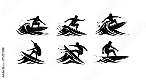 Surfing Silhouettes: A collection of bold surfing silhouettes riding waves, capturing the essence of this dynamic water sport