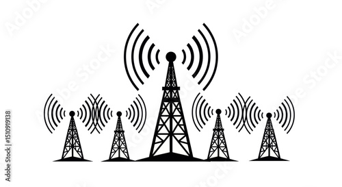 Network of Transmission Towers: A collection of tall transmission towers rises with stylized waves emanating from each tower. The iconic signals of connectivity in an age of digital communication.