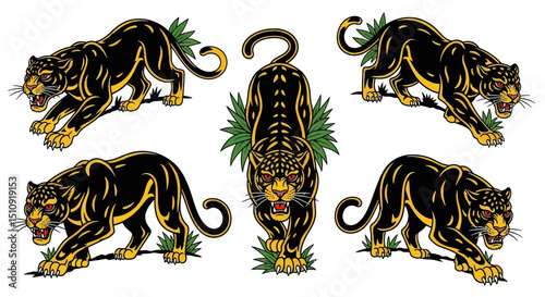 Panther Pose: A striking visual of fierce panther poses with bold lines and vibrant hues in a stylized illustration showcasing its strength and elegance.
