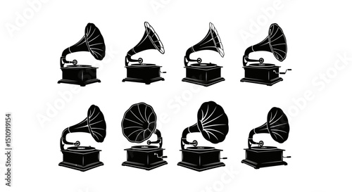 Echoes of Yesteryear: A stylized collection of vintage gramophones, rendered in a minimalist aesthetic, each silhouette representing the timeless charm and nostalgia of classic sound reproduction.