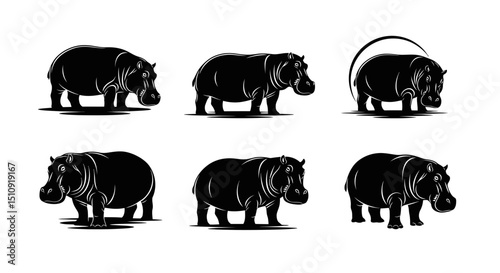 Powerful Hippo Silhouettes: A striking series of six dark hippopotamus silhouettes, perfect for design concepts emphasizing strength and the untamed beauty of African wildlife.