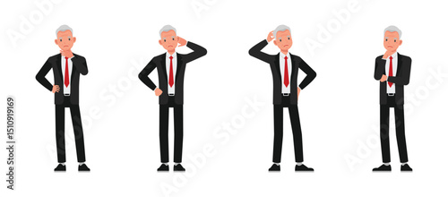 Businessman wear black suit character set. Man thinking, solve problems, ideas. Vector illustration cartoon design.