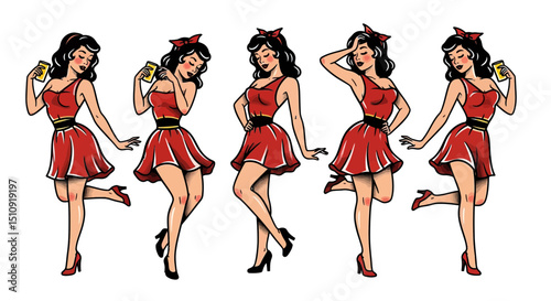 Vintage Beauty: A sequence of vintage-inspired illustrations showcasing a woman in a classic red dress, adorned with a stylish bow. Every pose oozes elegance, with a nod to timeless aesthetic.