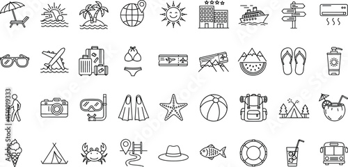 Summer set of web icons in line style. Summer vacation icons for web and mobile app. Travel, beach, tourism, summer holidays, hotel, relax, beach, luggage, passport, sunglasses. Vector illustration.