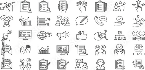 Survey Web Icon Set in Line Style. Collection of feedback Linear Icons, Including question, opinion, satisfaction, opinion, research, review, satisfaction, task, poll, answer and More. Editable Stroke