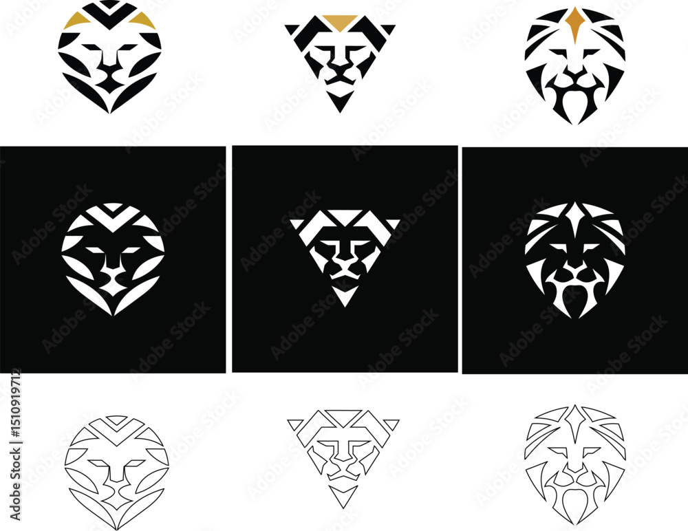 Obraz premium Lion face icon collection in various styles, including flat, outlined, and button, is ideal for design.