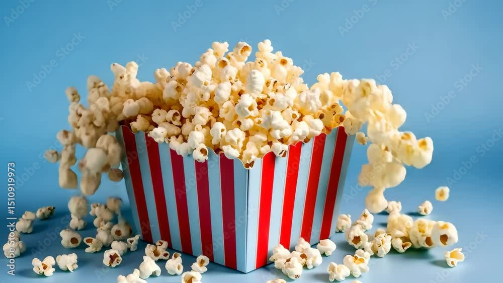 Striped blue and pink popcorn box with falling kernels on blue background, fun carnival snack concept with playful food movement and colorful party atmosphere. 
