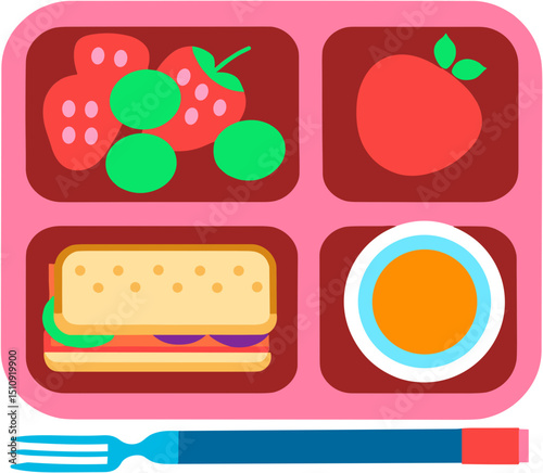 Colorful lunchbox with sandwich, fruits, and sauce on pink tray  