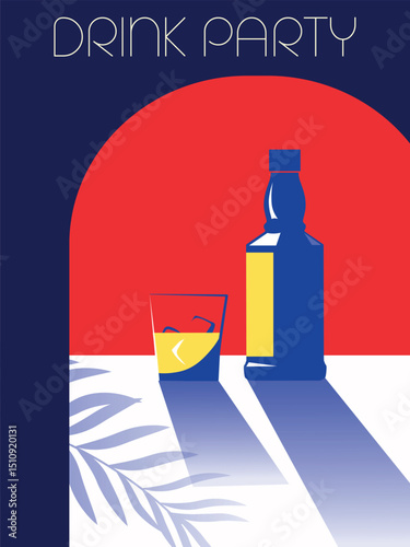 Drink party, whiskey bottle, scotch glass with ice. Flat design for bar, pub, strong alcohol, booze
