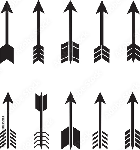 A collection of various black arrow designs with distinct fletching and arrowhead styles