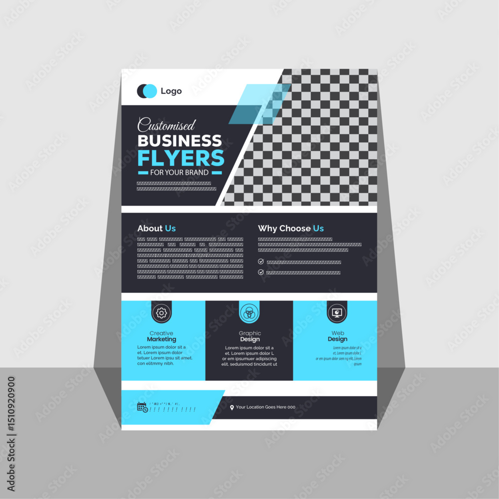 Modern corporate black and blue flyer design template with creative shapes vector and best quality.