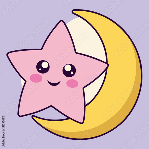 Cute Cartoon Star on Moon Vector Graphic Design Illustration