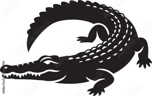 A sleek black crocodile silhouette with a distinctive curled tail