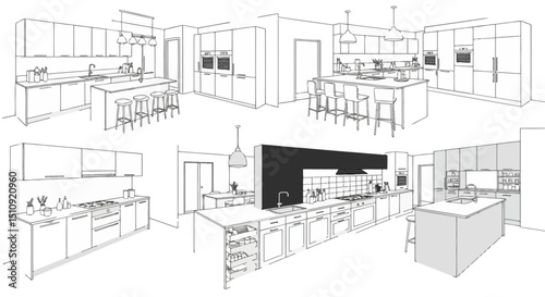 Stylish modern kitchen design illustrations showcasing various layouts and furniture arrangements for thoughtful home decor inspiration, in black and white vector design
