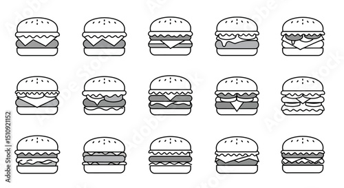 Collection of minimalist vector line icons representing different hamburger styles with varying toppings and sizes
