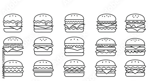 Collection of minimalist vector line icons representing different hamburger styles with varying toppings and sizes
