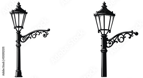 street lamp, lamp post, lantern, street light, lighting fixture, outdoor lighting, vintage style, silhouette, black and white, vector

