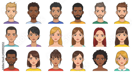 People avatar profiles. Male and female faces. Men and women portraits, colorful design

