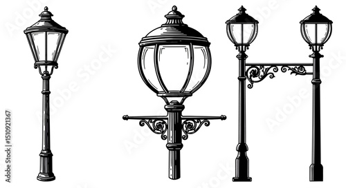 street lamp, lamp post, lantern, street light, lighting fixture, outdoor lighting, vintage style, silhouette, black and white, vector
