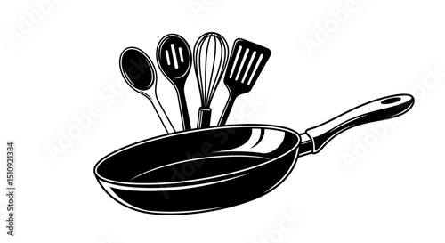 frying pan, kitchenware, cooking utensils, black and white illustration, vector
