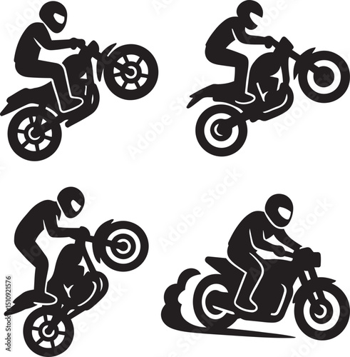 Set of black and white motorcycle stunt rider silhouettes various dynamic poses, including wheelies and fast motion