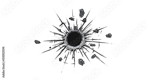 Bullet shot damaged elements on metallic surface, vector

