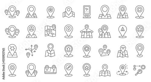 Location Web Icon Set in Line Style. Collection of Map Pin Linear Icons, Including Address, place, location, gps, directions, navigation, map, distance, map marker and More. Editable Stroke
