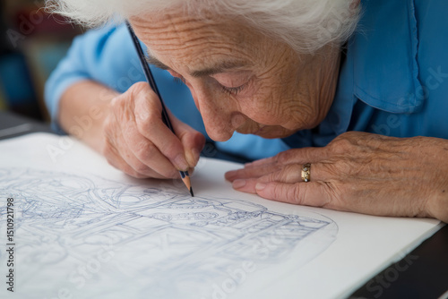 Elderly Hispanic woman drawing from memory a sketch of the companyâ€™s original logo, reflecting on early startup days