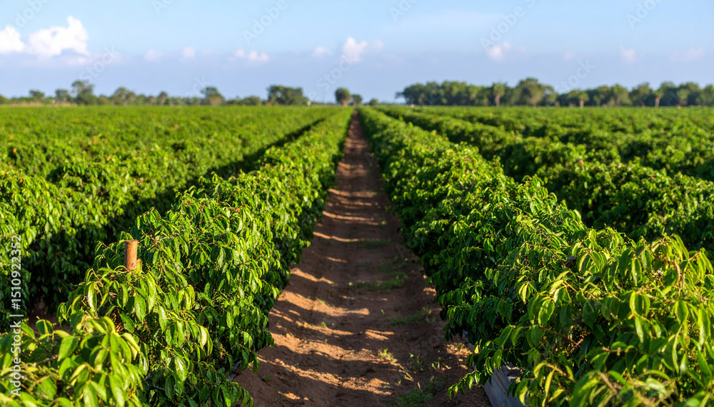 Obraz premium Lush green pepper plantations thrive, showcasing the agricultural landscape and the famous Kampot pepper.