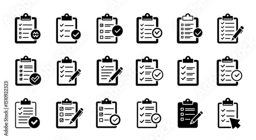 Black icon set featuring various clipboard designs for creative and organizational purposes
