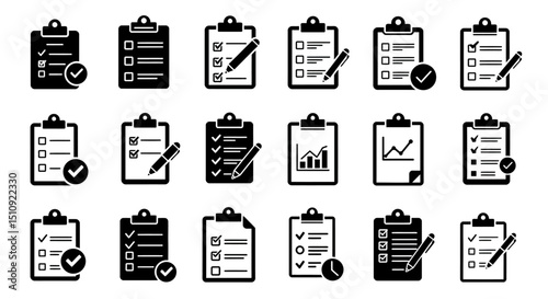 Black icon set featuring various clipboard designs for creative and organizational purposes
