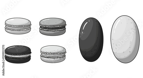 macarons, black and white macarons, various shapes and sizes of macarons, four monochrome macaron icons
