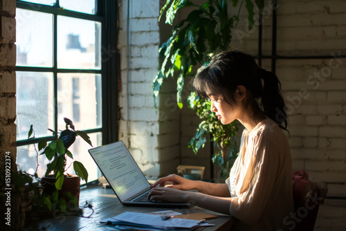 Young adult Asian woman typing an urgent report on her ultrabook, seated by a tall office window, morning light and coffee energizing her workday