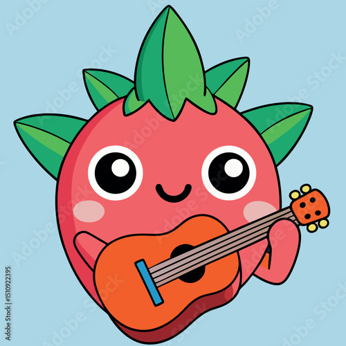 Cute Fruit Character Playing Ukulele Vector Illustration