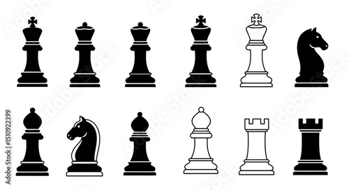 Variety of black king chess icons representing different styles and designs in a simple and modern format
