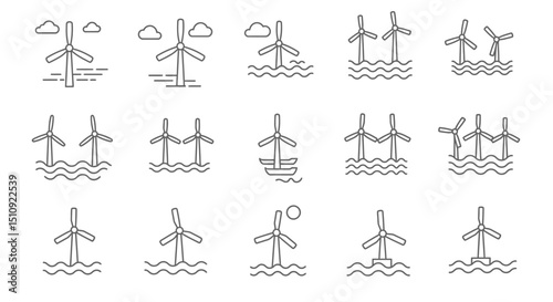 Wind turbine icons illustrating renewable energy generation over water with simplified designs, in black and white
