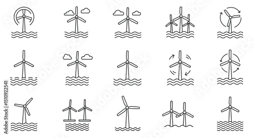 Wind turbine icons illustrating renewable energy generation over water with simplified designs, in black and white
