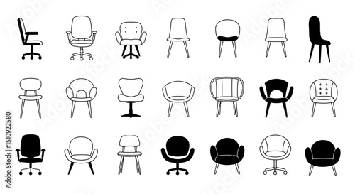 Various styles of modern chairs illustrated in a minimalistic icon set showcasing different designs and shapes for contemporary decor, black and white
