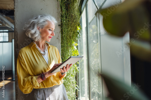 Mature Caucasian woman responding to client emails from her tablet in a sunny corner of her modern office