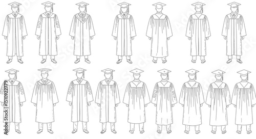 Vector hand drawn graduation gowns representing different educational levels and styles for academic ceremonies, in black and white

