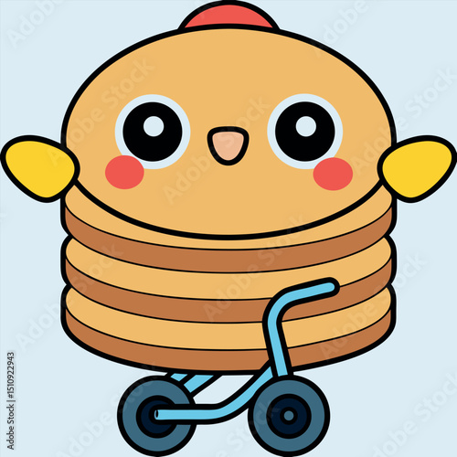 Cute Pancake Character on Blue Bicycle Food Vector Illustration
