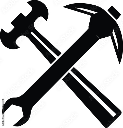  hammer wrench silhouette, crossed tools, repair icon
