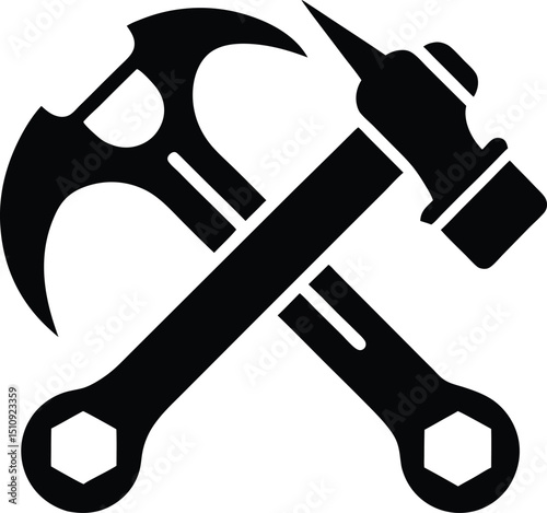  hammer wrench silhouette, crossed tools, repair icon
