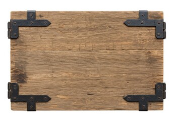 Wooden plank with metal corners isolated on white background
