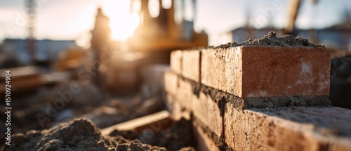 Closeup of brick wall construction with excavator at sunny construction site Concept of building industry, masonry, and infrastructure development