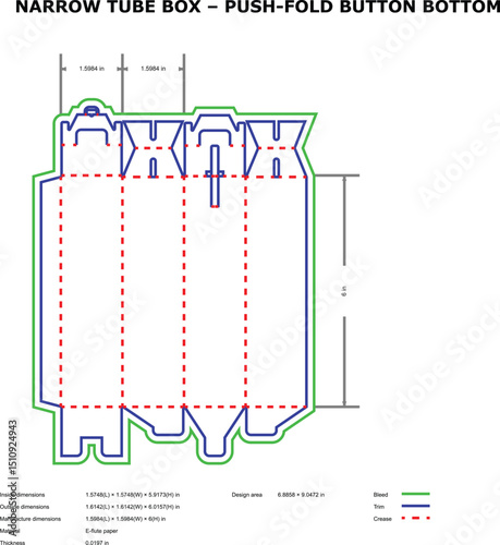 Narrow tube box push fold button bottom diagram template line art