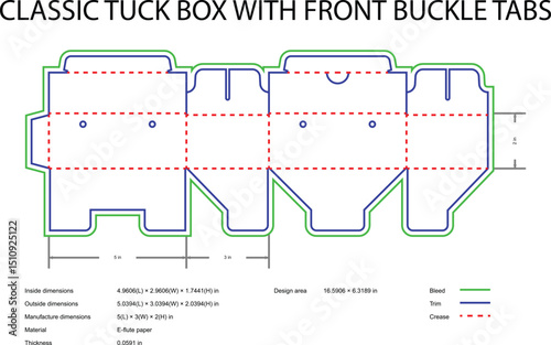 Classic tuck box packaging design template front buckle tabs line art
