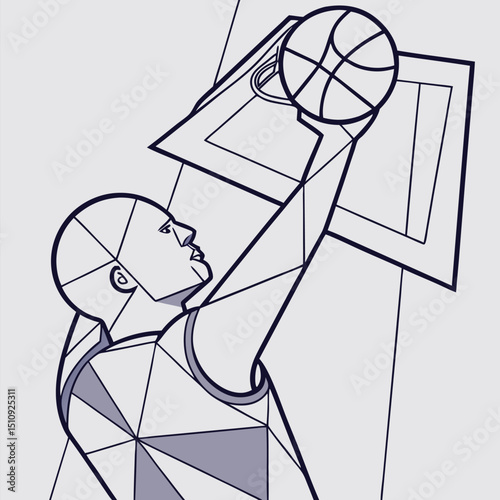 A dynamic basketball dunk frozen in time, merging angular geometry and bold colors to amplify motion, strength, and high-flying athleticism.
