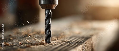 Closeup of a drill bit drilling into wood, creating sawdust in a woodworking shop Concept of carpentry, craftsmanship, and home improvement